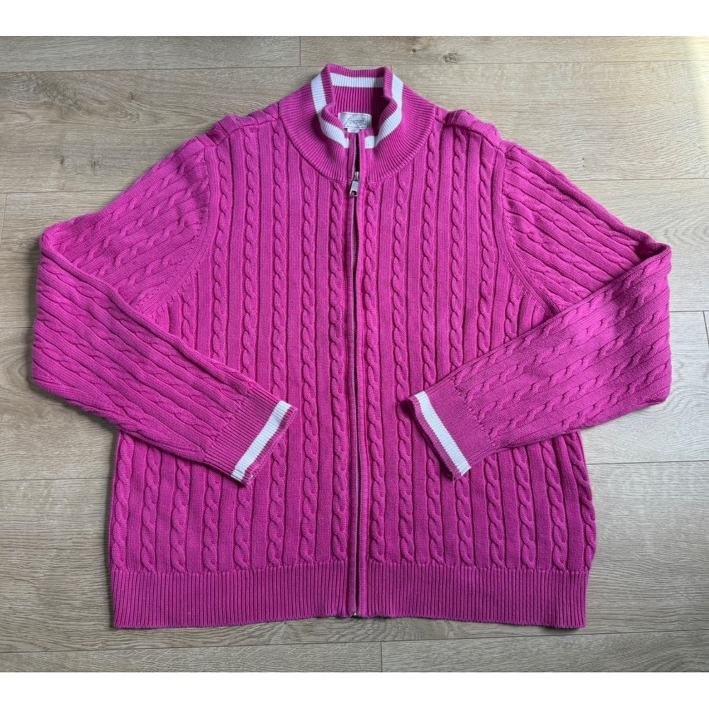 EUC Womens FOXCROFT cable knit pink 100% cotton‎ Full zip up sweater size XXL